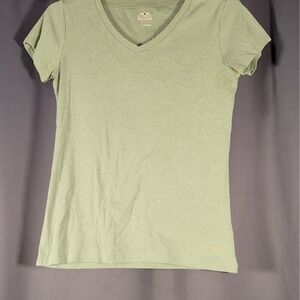 Noble Outfitters Women's Solid Green V-Neck Short Sleeve Logo Jersey Tee L